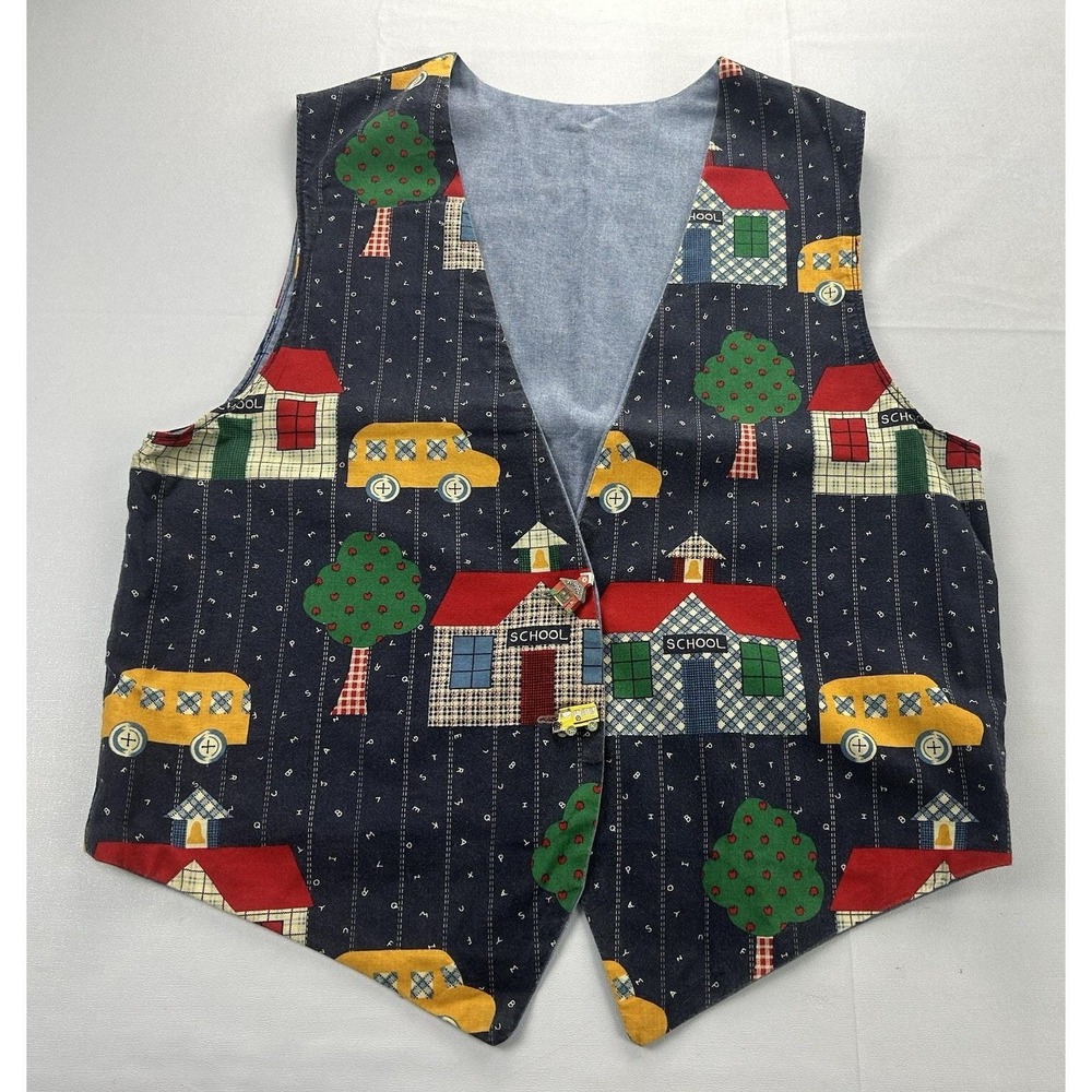 Vintage 1996 Teacher School Bus Apple Vest Handmade Button Front Medium